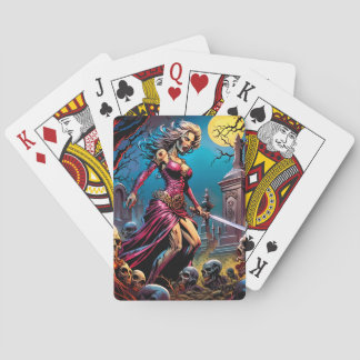 Horror zombie meisje met zwaard pokerkaarten