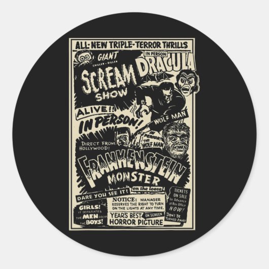 Horrorfilm Monster Mummy Dracula Weerwolf Franke Ronde Sticker (Voorkant)