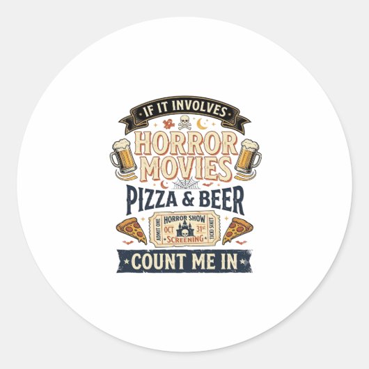 Horrorfilms Pizza Bier Grappig Halloween_1 Ronde Sticker (Voorkant)