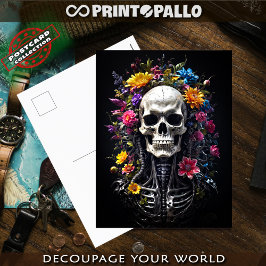Horrorschedel en skelet met bloemen briefkaart