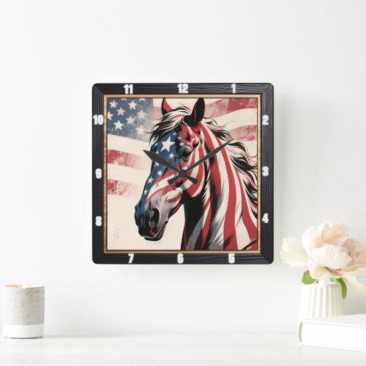 Horse American Flag Patriotic Vierkante Klok (Huis)