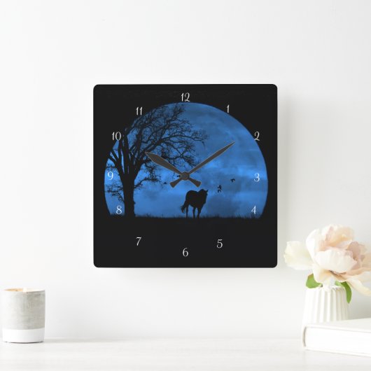Horse and Full Moon Blue Beautiful Vierkante Klok (Huis)