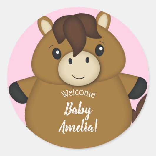Horse Baby shower Pink Girl Ronde Sticker (Voorkant)