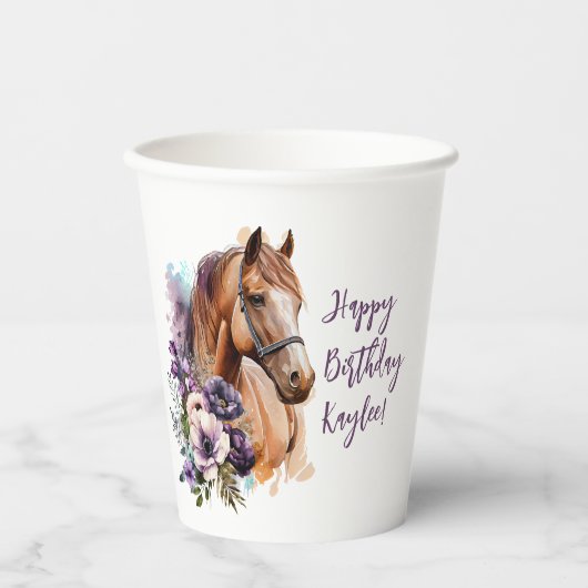 Horse Birthday Cup met paarse bloemen Papieren Bekers (Voorkant)