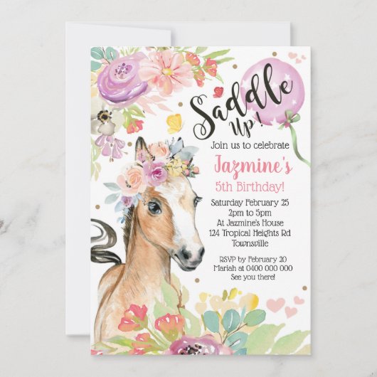 Horse Birthday Invitation Floral Pony Invite Kaart (Voorkant)