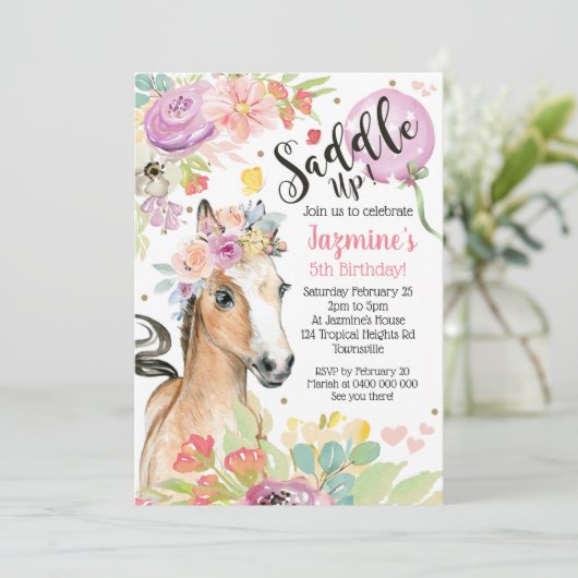 Horse Birthday Invitation Floral Pony Invite Kaart (Staand voorkant)