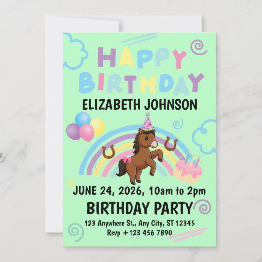 Horse Birthday Invitation in Green Kaart (Voorkant)