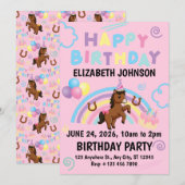 Horse Birthday Invitation in Pink Kaart (Voorkant / Achterkant)