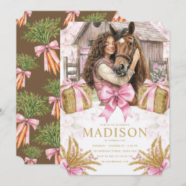 Horse Birthday Invitation with brunette Girl Kaart