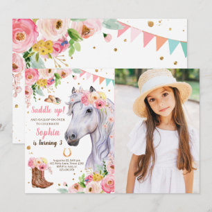 Horse Birthday Invite Girl Cowgirl Pink Floral Kaart