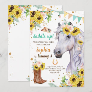 Horse Birthday Invite Girl Cowgirl Sunflower Blue Kaart