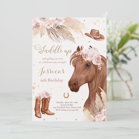 Horse Birthday Party Bohemian Cowgirl Inv Kaart (Staand voorkant)