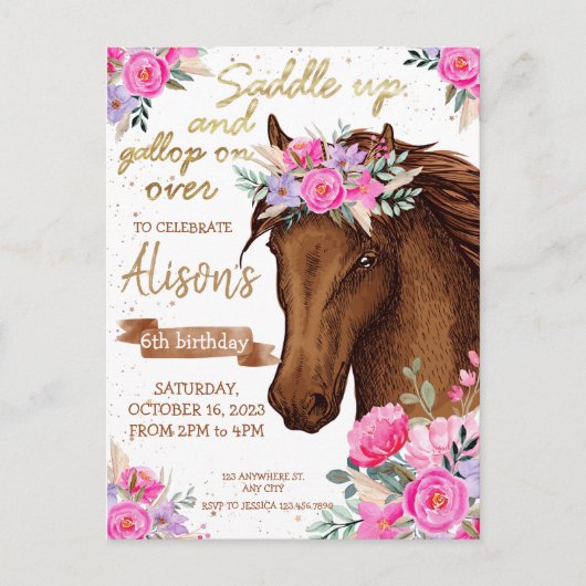 Horse Birthday Party Editable Horse Cowgirl Briefkaart (Voorkant)