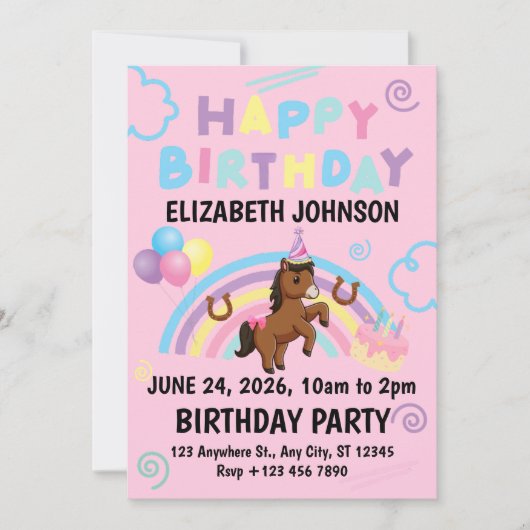 Horse Birthday Party Invitation Pink Kaart (Voorkant)