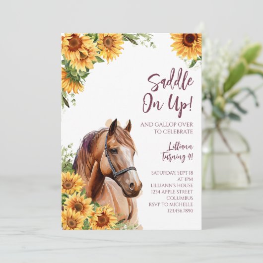 Horse Birthday Party Uitnodiging Zonnebloemen (Staand voorkant)
