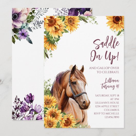 Horse Birthday Party Uitnodiging Zonnebloemen (Voorkant / Achterkant)