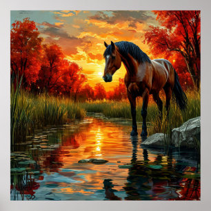 Horse by Sunset Stream in een herfstbos Poster