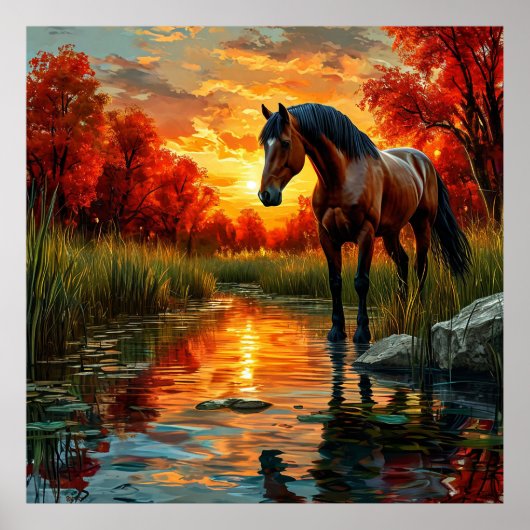 Horse by Sunset Stream in een herfstbos Poster (Voorkant)