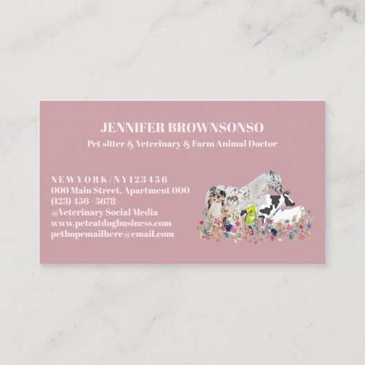 Horse Cow Sheep Dog Cat Pink Farm Animals Visitekaartje (Achterkant)