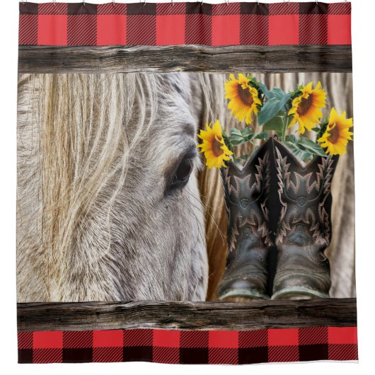 Horse Cowboy Boots Barn Board Red Play Douchegordijn (Voorkant)