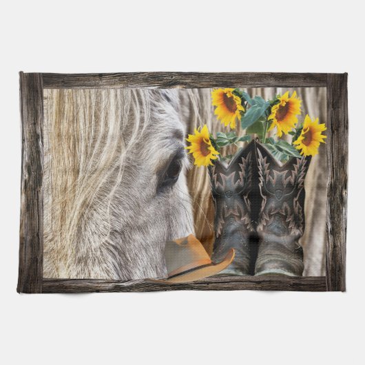 Horse Cowboy Boots Cowboy Pet Rustic Barn Board Theedoek (Horizontaal)