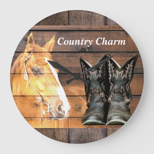 Horse Cowboy Boots Rustic Barn Board Grote Klok (Voorkant)