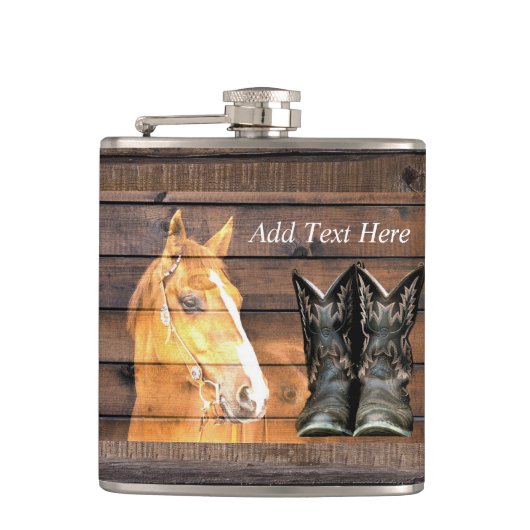Horse Cowboy Boots Rustic Barn Board Heupfles (Voorkant)