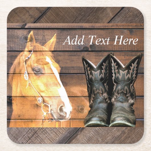 Horse Cowboy Boots Rustic Barn Board Kartonnen Onderzetters (Voorkant)