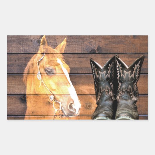 Horse Cowboy Boots Rustic Barn Board Rechthoekige Sticker (Voorkant)