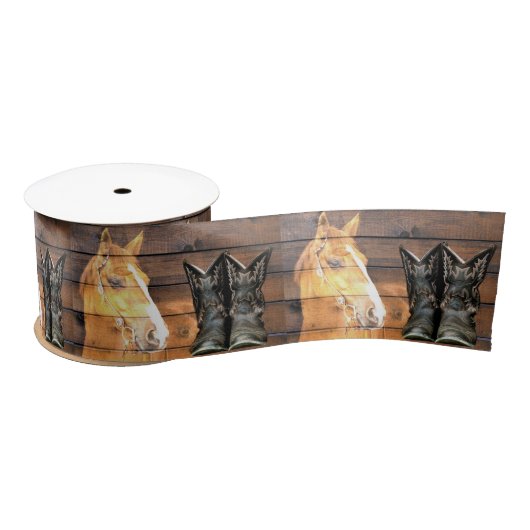 Horse Cowboy Boots Rustic Barn Board Satijnen Lint (Spoel)
