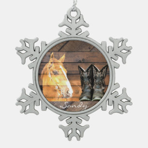 Horse Cowboy Boots Rustic Barn Board Tin Sneeuwvlok Ornament