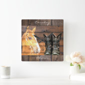 Horse Cowboy Boots Rustic Barn Board Vierkante Klok (Huis)