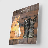 Horse Cowboy Boots Rustic Barn Board Vierkante Klok (Hoek)