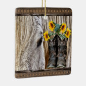 Horse Cowboy Boots Sunflower Barn Board Keramisch Ornament (Rechts)