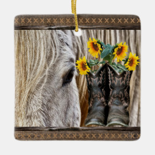 Horse Cowboy Boots Sunflower Barn Board Keramisch Ornament