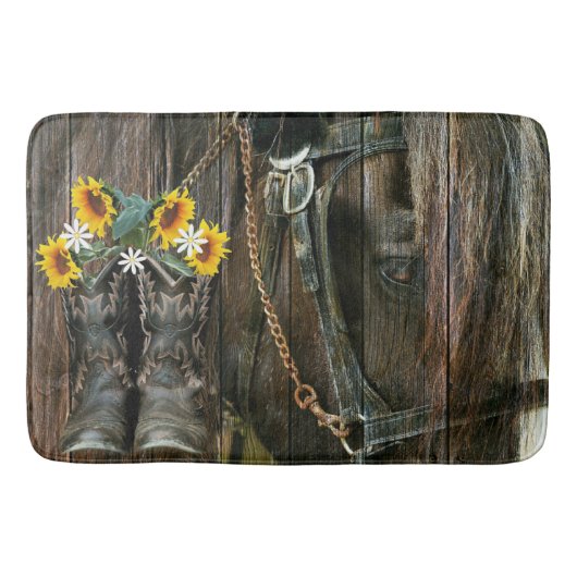 Horse Cowboy Boots Sunflower Rustic Barn Board Badmat (Voorkant)