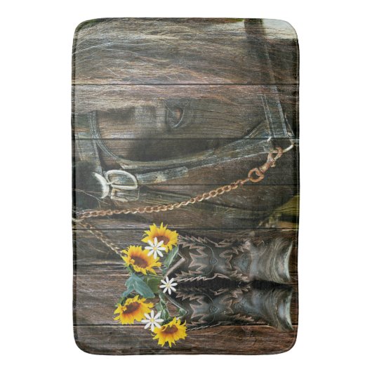 Horse Cowboy Boots Sunflower Rustic Barn Board Badmat (Voorkant Verticaal)
