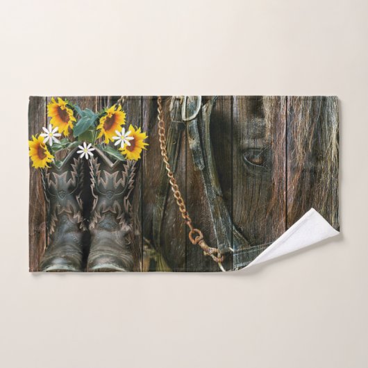 Horse Cowboy Boots Sunflower Rustic Barn Board Handdoek (Handdoek)