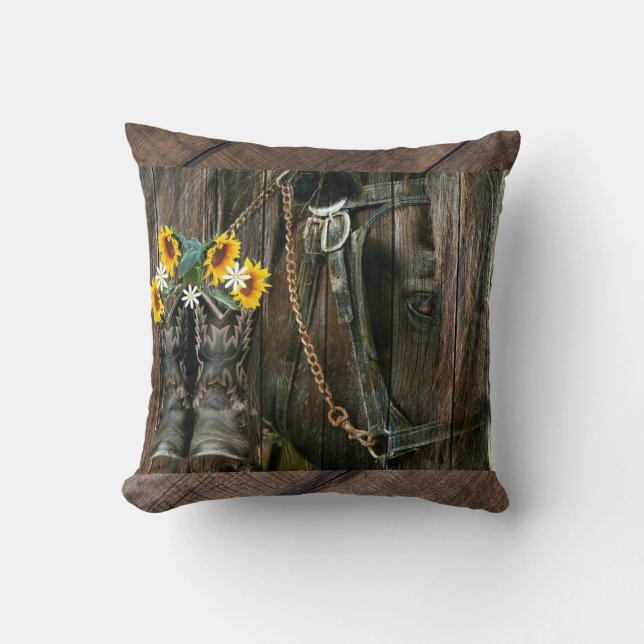 Horse Cowboy Boots Sunflower Rustic Barn Board Kussen (Voorkant)