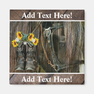 Horse Cowboy Boots Sunflower Rustic Barn Board Magneet