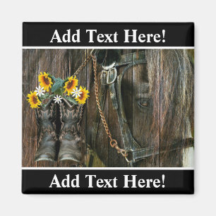 Horse Cowboy Boots Sunflower Rustic Barn Board Magneet