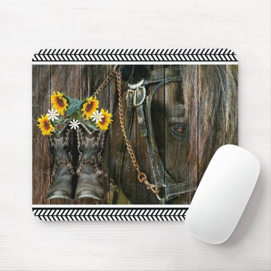 Horse Cowboy Boots Sunflower Rustic Barn Board Muismat (Met muis)