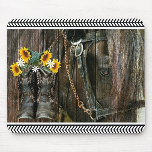Horse Cowboy Boots Sunflower Rustic Barn Board Muismat (Voorkant)