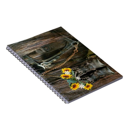 Horse Cowboy Boots Sunflower Rustic Barn Board Notitieboek (Rechterzijde)