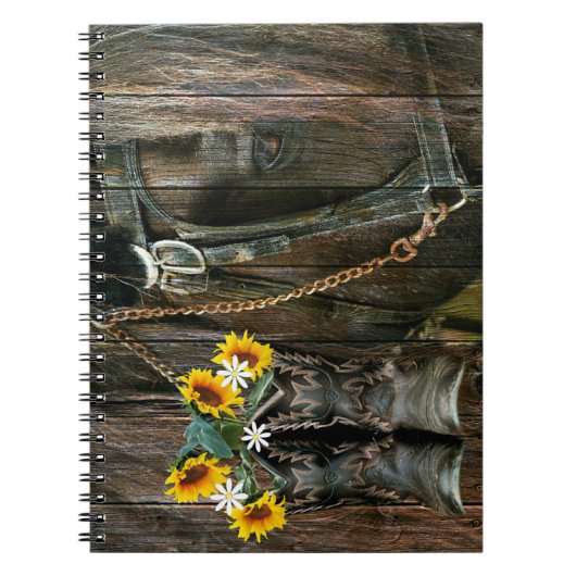 Horse Cowboy Boots Sunflower Rustic Barn Board Notitieboek (Voorkant)