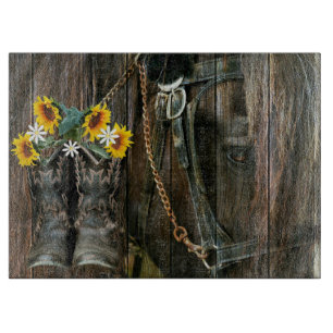 Horse Cowboy Boots Sunflower Rustic Barn Board Snijplank