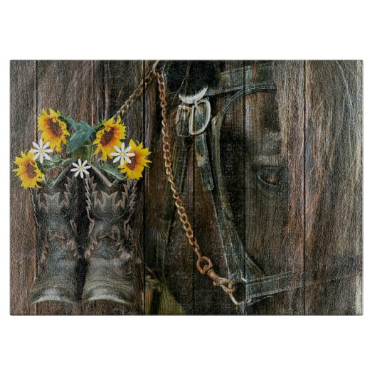 Horse Cowboy Boots Sunflower Rustic Barn Board Snijplank (Voorkant)