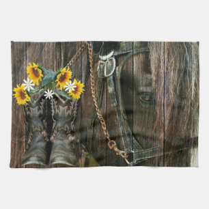 Horse Cowboy Boots Sunflower Rustic Barn Board Theedoek
