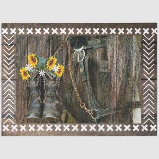 Horse Cowboy Boots Sunflower Rustic Barn Board Tissuepapier (Voorkant)