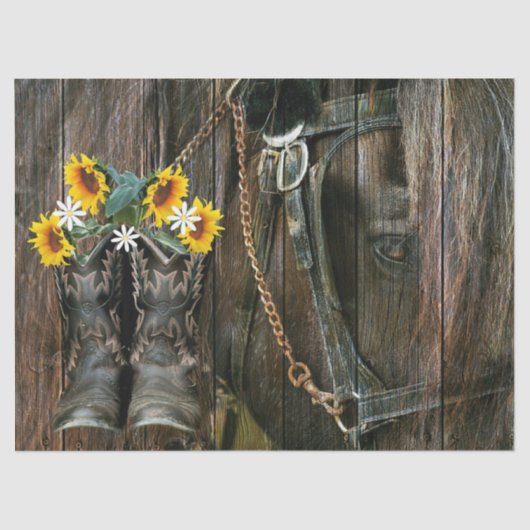 Horse Cowboy Boots Sunflower Rustic Barn Board Tissuepapier (Voorkant)